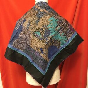 Jim Thompson Thai silk scarf flora fauna print black square